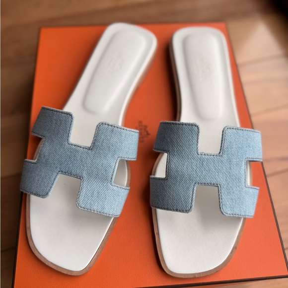 Hermes Shoes - Hermès Oran Light Blue Denim Slide Sandals